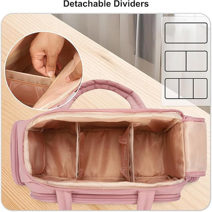 Travel Cosmetic Bag for Women, Lightweight Wide-open Makeup Travel Bags for Toiletries with 2 Removable Dividers, Large Makeup Organizer with Brushes Board, Multi Pockets for Gym, Daily, Pink