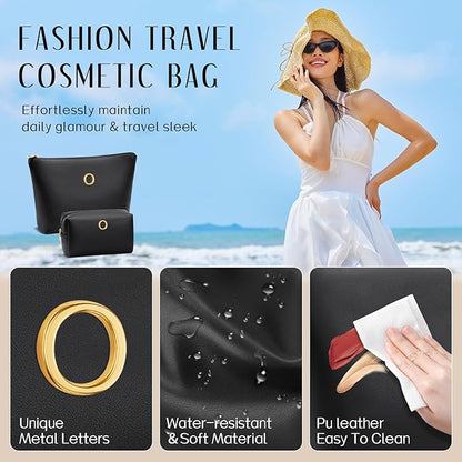 Women Gifts | Initial Makeup Bag Set for Girl Personalized Gifts for Bridesmaid Friend Graduation Teachers PU Leather Cosmetic Travel Toiletry Bag(Black,O)