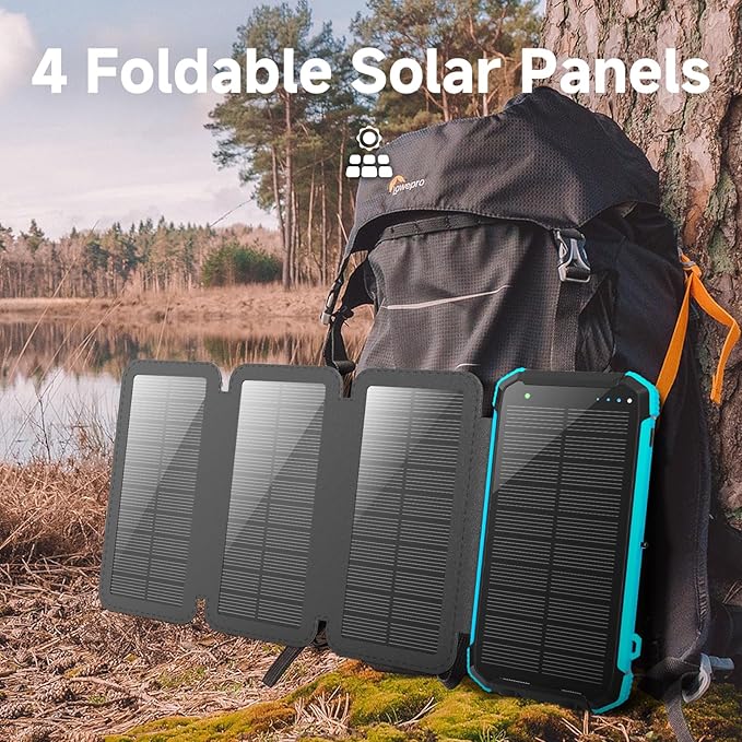 Solar Power Bank 20000mAh Portable Wireless Charger 15W USB-C Fast Charging External Battery Pack Compatible with iPhone, iPad, Samsung More, Dual LED Flashlights Perfect for Camping, Hiking, Outdoor