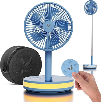VENTY Portable Fan - Wireless Battery Operated Fan - 4 Speeds - LED Lighting - Carry Case & Remote Control - Cruise Travel - Outdoor Travel RV Power Bank With USB-C Port (Blue with Case)