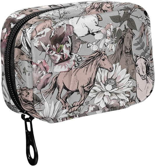 Fustylead Running Horses and Flowers Travel Pill Organizer Case Zipper for Purse with Removable Weekly Pill Box for Medicine, Vitamin, Supplement Medicine Organizer