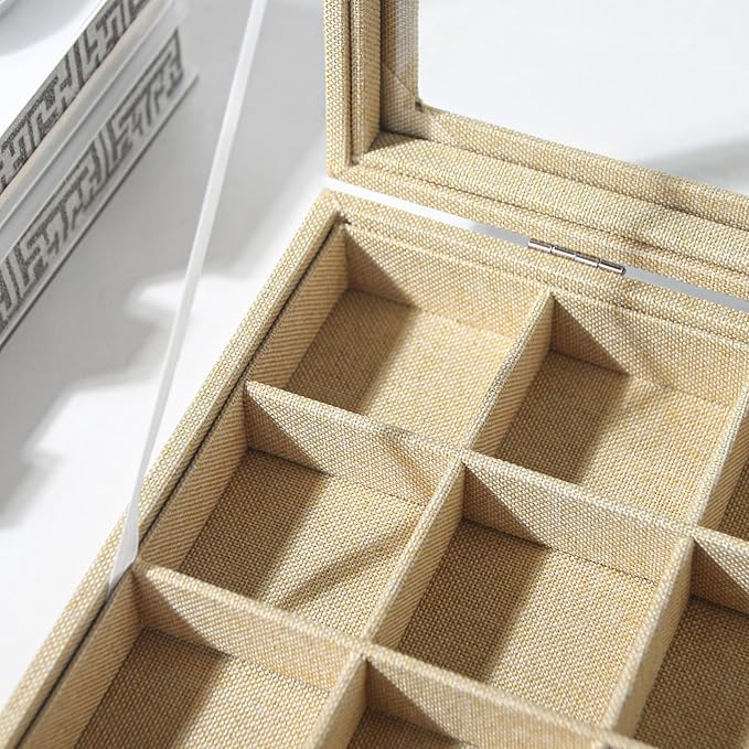 Coward Jewelry Organizer Box, Yellow Linen 24 Grids Ring Earring Jewelry Display Tray Case with Transparent Glass Lid for Home Drawer or Shop Selling