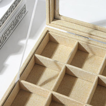 Coward Jewelry Organizer Box, Yellow Linen 24 Grids Ring Earring Jewelry Display Tray Case with Transparent Glass Lid for Home Drawer or Shop Selling