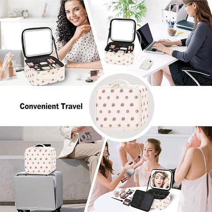 TANTO Makeup Bag With LED Mirror, Travel Makeup Case with Light up Mirror Fashion Cute Cosmetic Bag with 3 Color Lighted Portable Organizer Case with Adjustable Dividers （Strawberry/Beige,Small）