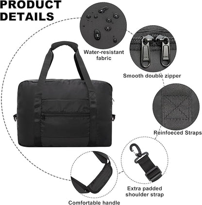 Foldable Travel Duffle Bag, Airlines Approved Carry On Bag Weekender Overnight Bag for Men Women, 40L (Black)
