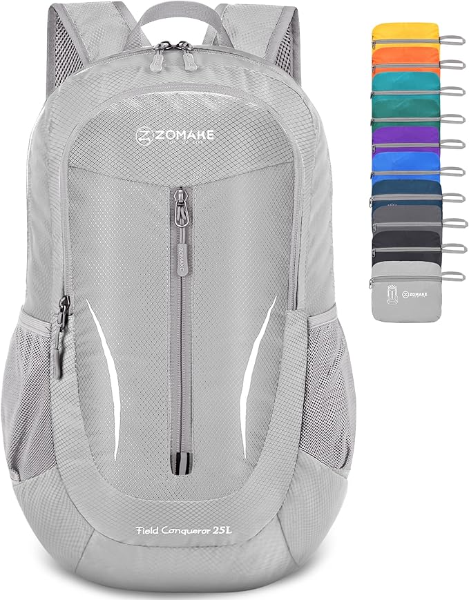 ZOMAKE Ultra Lightweight Packable Backpack 25L, Foldable Hiking Backpacks Water Resistant Small Folding Daypack for Travel(Sliver Grey)