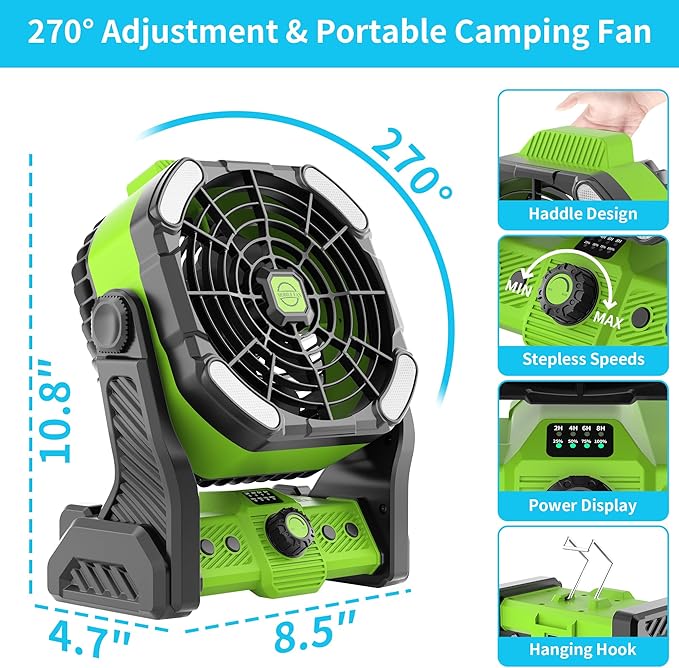 20000mAh Battery Powered Fan Rechargeable,Rechargeable Fans Portable Camping Fan with LED Lantren,270°Rotation Battery Operated,USB Camping Lantern for Tents Travel X26 Grass-green