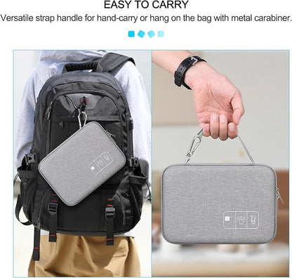 Lacdo Hard Travel Electronic Organizer Case for MacBook Power Adapter Charger, Cables, Apple Pencil, Mouse, Power Bank, USB Flash Disk,SD Card Small Protective Portable Accessories & 3 Cable Tie, Gray