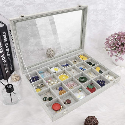 Stratalife Velvet Jewelry Organizer 24 Grid Jewelry Tray with Clear Glass Lid Display Showcase Storage Organizer Box for Earring Necklace Rings Dice Gray (24 Grids)