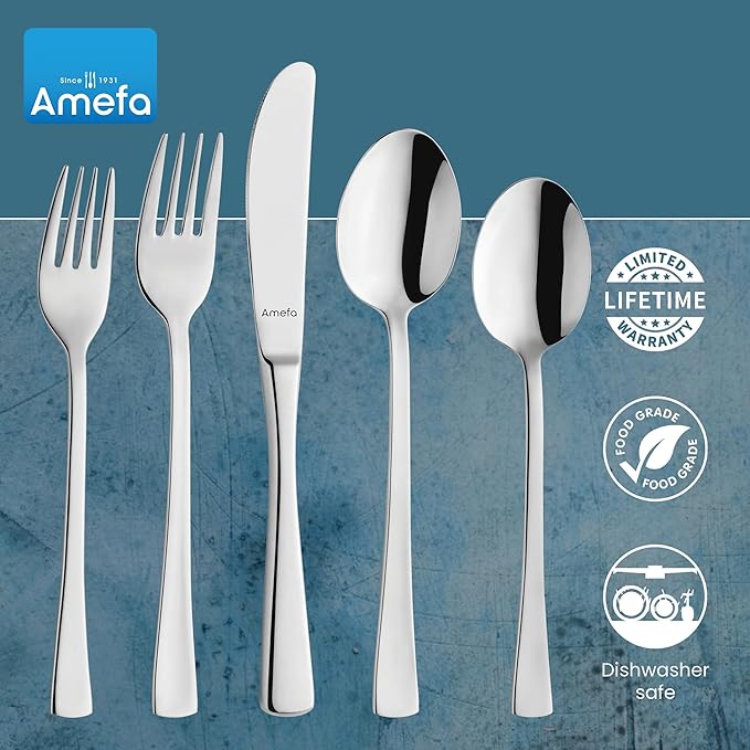 Amefa Atlantic 45-Piece Flatware, Set for 8 – Stainless Steel Silverware, Mirror Finish, Rust-Resistant Durable Cutlery, Forks, Knives, Spoons, Salad Forks & Teaspoons for Dining & Entertaining