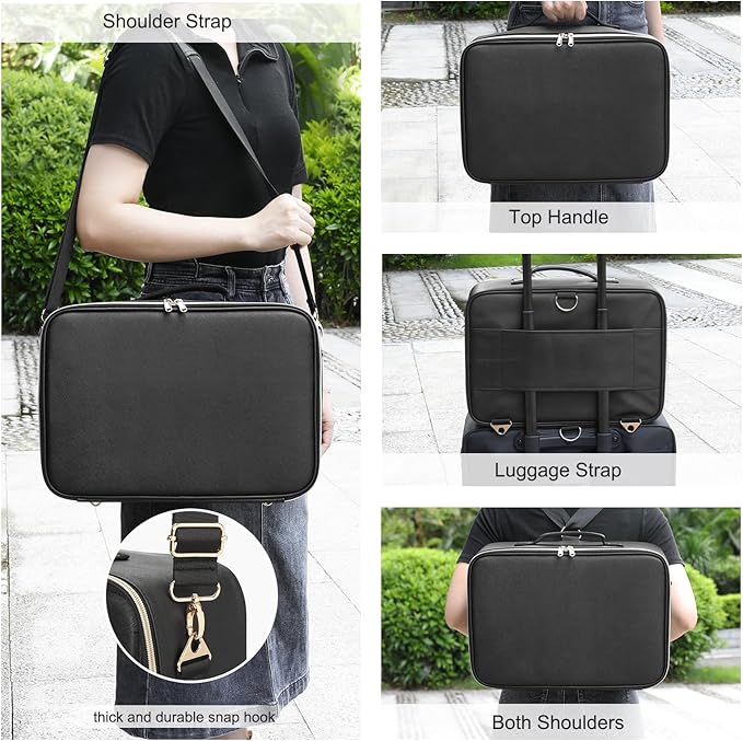 Relavel Makeup Bag with LED Mirror, Large Capacity Travel Cosmetic Organizer with Adjustable Compartments, Brush Holder & Detachable Strap, Black Storage Box for Makeup Artists