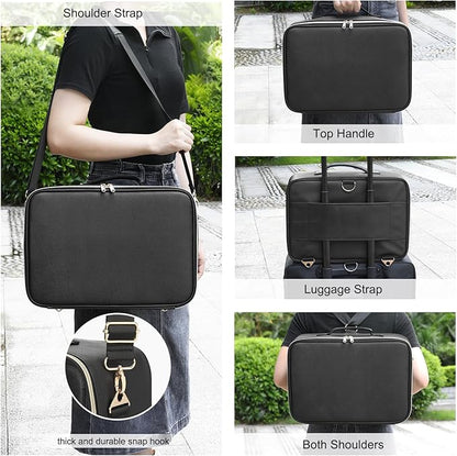 Relavel Makeup Bag with LED Mirror, Large Capacity Travel Cosmetic Organizer with Adjustable Compartments, Brush Holder & Detachable Strap, Black Storage Box for Makeup Artists