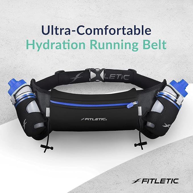 Fitletic Hydration Running Belt with Water Bottles for Men & Women – 2 Quick Flow 8oz Running Water Bottles, Patented Bounce Free Design, Water Resistant Pouch Fits All Phones – Hydra 16