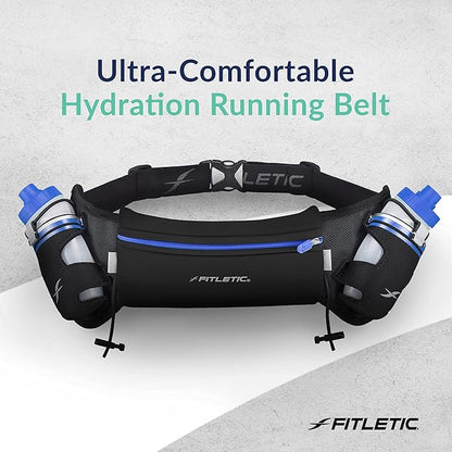 Fitletic Hydration Running Belt with Water Bottles for Men & Women – 2 Quick Flow 8oz Running Water Bottles, Patented Bounce Free Design, Water Resistant Pouch Fits All Phones – Hydra 16