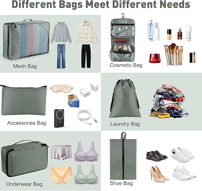 8-Piece Packing Cubes for Travel, Mesh Luggage Organizers with Shoe Bag, Toiletry Bag, Laundry Pouches, 4 Sizes (XL/L/M/S) for Suitcase Organization, Men Women Kids, Avocado Green