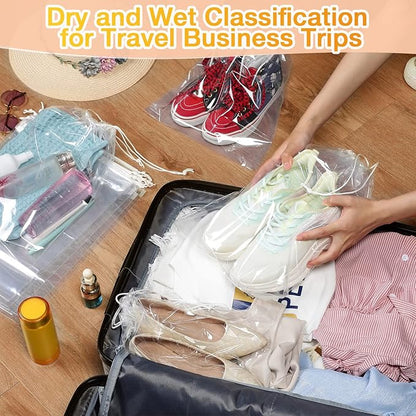 Thenshop 100 Pieces Plastic Shoe Bags for Travel Large Clear Drawstring Bags 12 x 16 Inch Travel Shoe Organizers Thick Waterproof Storage Portable Pouch with Rope for Slipper Men Women