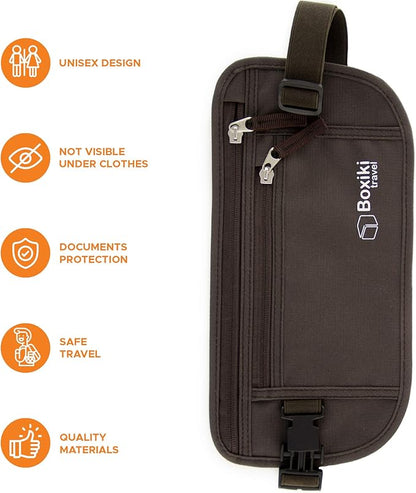 Money Belt for Travel with RFID Blocking Technology - Hidden Travel Money Pouch for Cash, Credit Cards, Passport, and Travel Valuables - Secure Water Resistant Money Belt for Men and Women (Brown)
