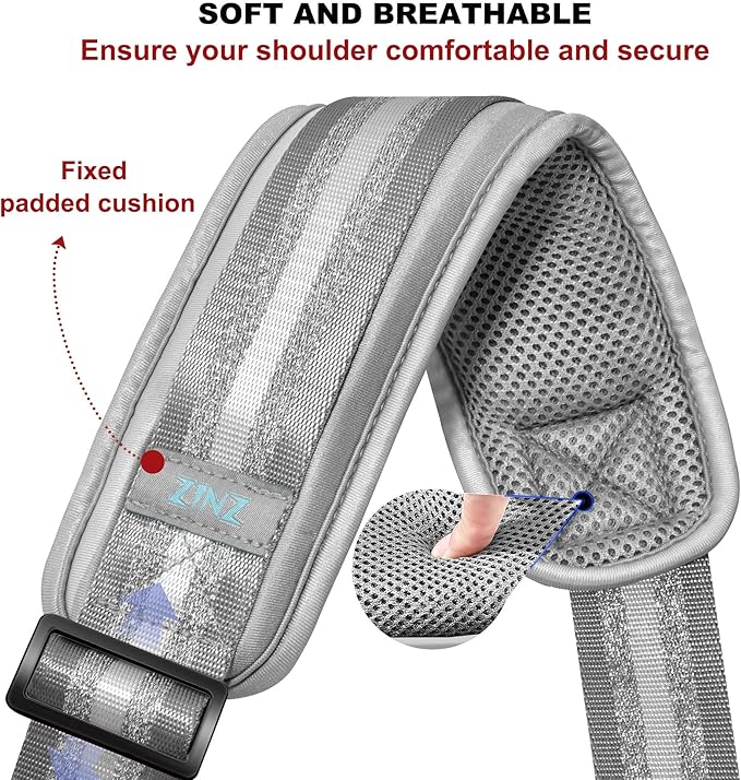 ZINZ Ultra-Thick Fixed Pad Shoulder Strap 76-inch Universal Bag Strap with Breathable Cushion and Dual Balanced Adjustable Buckles for Laptop Bag Messenger Bag Crossbody etc -Gray Silver Jacquard