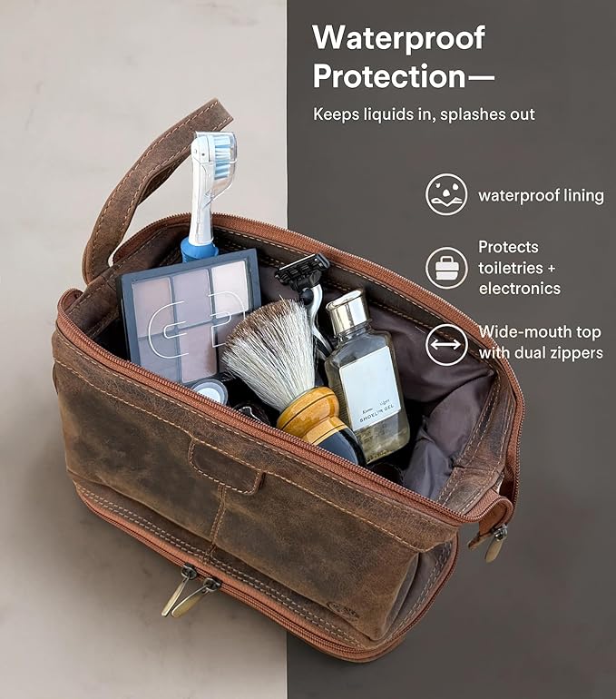 RUSTIC TOWN Leather Toiletry Bag for Men - Travel Gift Shaving Ditty Kit - Bathroom Shower Toiletries Organizer - Cosmetic Makeup Bag for Women