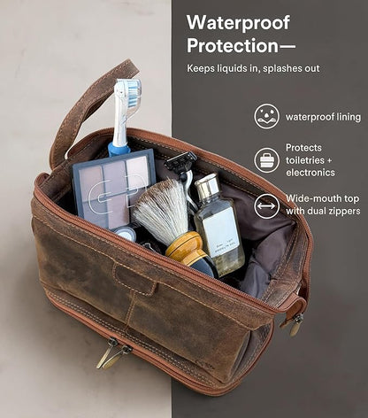 RUSTIC TOWN Leather Toiletry Bag for Men - Travel Gift Shaving Ditty Kit - Bathroom Shower Toiletries Organizer - Cosmetic Makeup Bag for Women