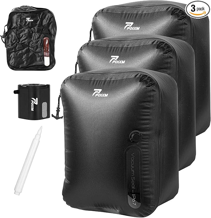 Vacuum Bags for Travel with Wireless Pump, 180° Open Zipper, IP67 Waterproof, Reusable Space Saver Compression Bags for Backpack, Suitcase, Home Storage(3 Pack + Pump)