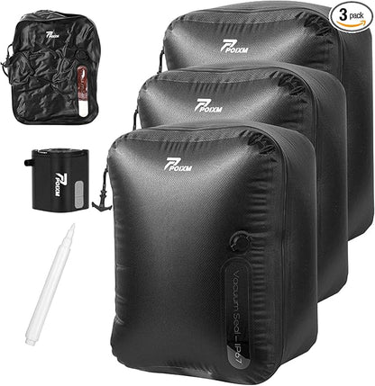Vacuum Bags for Travel with Wireless Pump, 180° Open Zipper, IP67 Waterproof, Reusable Space Saver Compression Bags for Backpack, Suitcase, Home Storage(3 Pack + Pump)