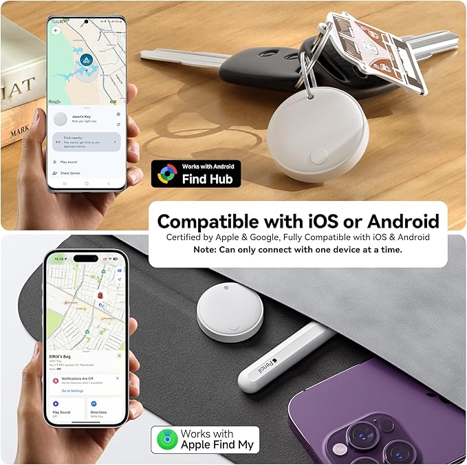 Eelexa Smart Tag Tracker, Dual System Air Tracker Tag for iOS and Android, Compatible with Apple Find My or Google Find Hub Smart Keys Finder Item Locator with Waterproof&Light (White-1Pack)