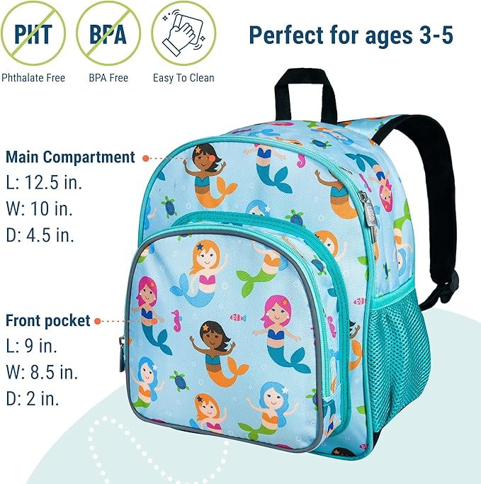 Wildkin 12-inch Kids Backpack – Padded, Adjustable, Ideal for Daycare & Travel (Mermaids)