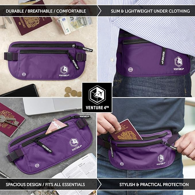 VENTURE 4TH Travel Money Belt - Slim Passport Holder RFID Blocking Travel Pouch to Protect Cash, Credit Cards and Travel Documents (Purple)