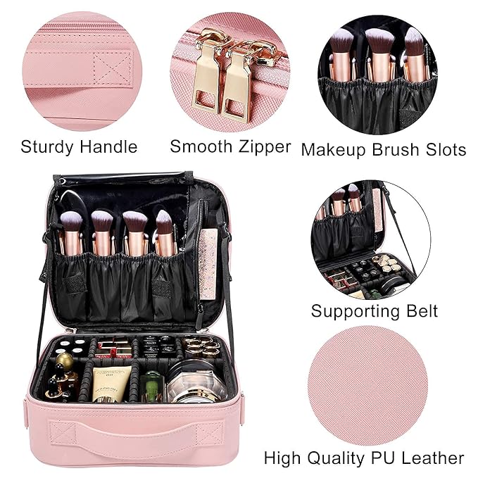 gzcz Travel Makeup Bag,Professional Cosmetic Bags for Women,Portable Makeup Brush Bag Organizer Storage with Adjustable Dividers and Shoulder Strap