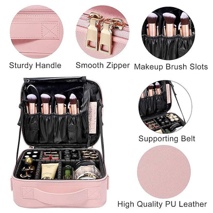 gzcz Travel Makeup Bag,Professional Cosmetic Bags for Women,Portable Makeup Brush Bag Organizer Storage with Adjustable Dividers and Shoulder Strap