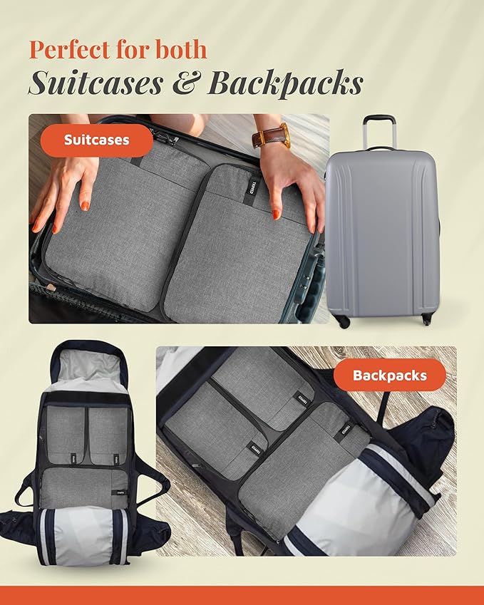 Compression Packing Cubes for Travel by TRIPPED – 6-Piece Premium Set with Laundry & Shoe Bag, Space Saving Travel Organizer Bags for Suitcase & Carry-On Luggage (Grey)