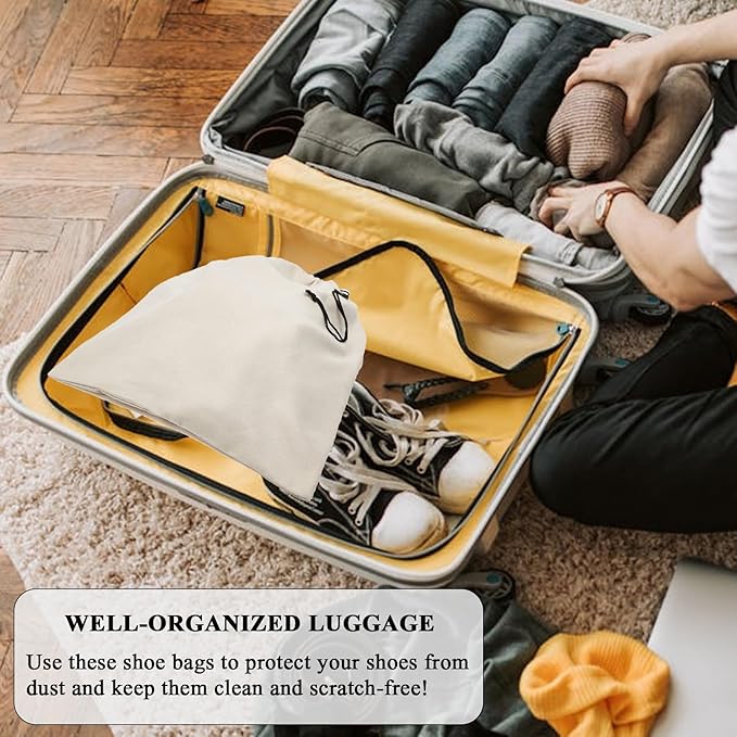 LAKE OF FIRE 4-Piece Travel Shoe Bags for Packing, 17.7" x 13.8" Dustproof Shoe Bags - Flannel Shoe Pouch with Drawstring Closure,Washable & Reusable(Beige)