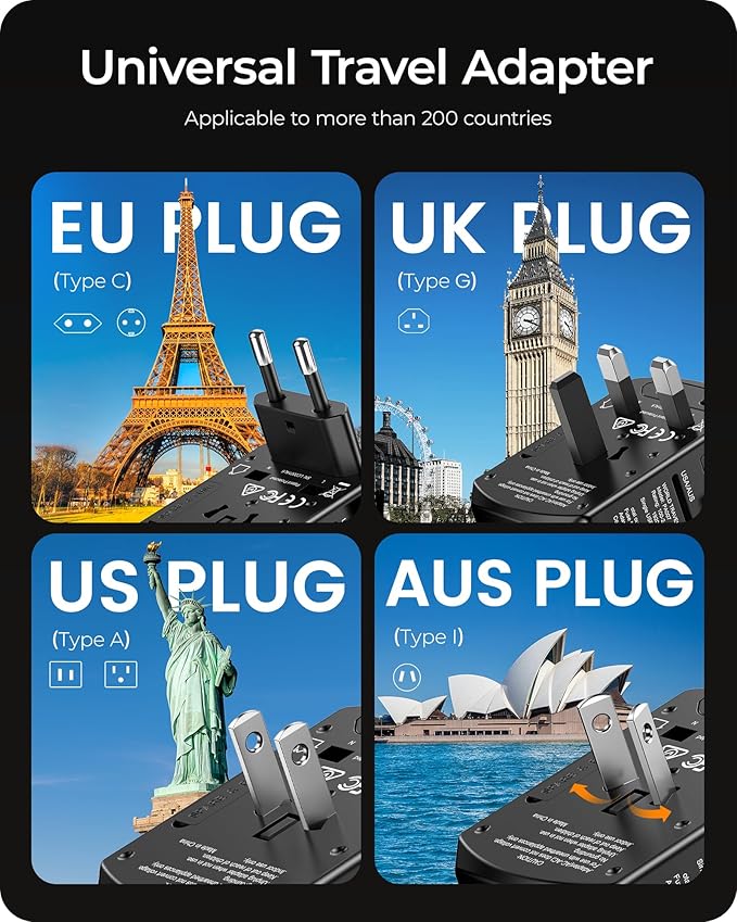 LENCENT Universal Travel Power Adapter, International AC Plug Adaptor with 2 USB C 2 USB A Ports Wall Charger Worldwide Travel Essentials for US to EU UK Ireland Australia (Type C/G/A/I) Black