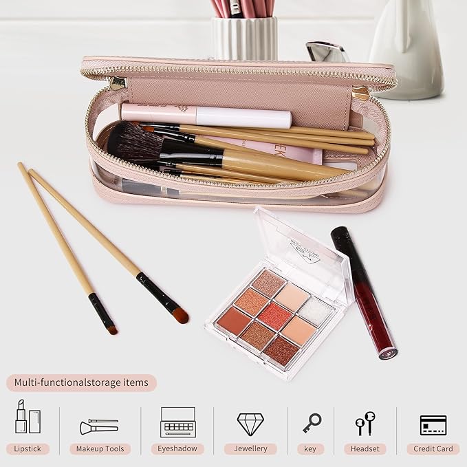 Pinkmik Makeup Brush Case Clear Travel Cosmetic & Toiletry Bag Slim Makeup Bag with Zipper Small Purse Organizer Car Essential Bag for Women (Pink, SLIM-1)