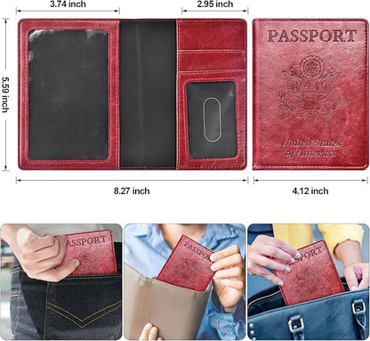Real Leather Wallet RFID Family Passport Holder Waterproof Travel Black (Red)