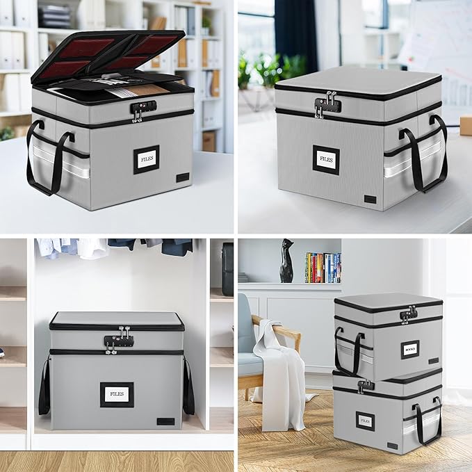 Fireproof Document Box with Lock, 2-Layer File Box Storage Organizer with 5 Tabs& Insert, Portable File Cabinet Storage Box with Handle for Hanging Letter,Legal Size Folder/Certificate, Silver Grey