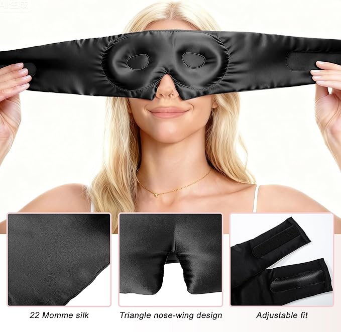 VOCOSTE 22 Momme Pure Silk Sleep Mask with Travel Pouch, 3D Contour Adjustable Blindfold for Side Sleepers, Eyelash Protecting for Natural Lashes & Extensions, Black