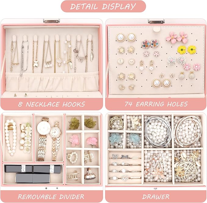 DesignSter Jewelry Organizer Box, 2 Layers Large Jewelry Box with Travel Jewelry Case, Leather Jewelry Storage Case for Rings Earrings Bracelets Necklaces (Pink)