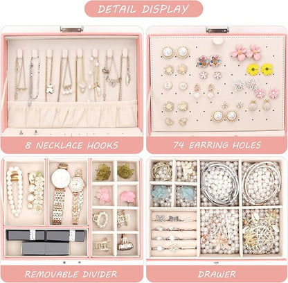 DesignSter Jewelry Organizer Box, 2 Layers Large Jewelry Box with Travel Jewelry Case, Leather Jewelry Storage Case for Rings Earrings Bracelets Necklaces (Pink)