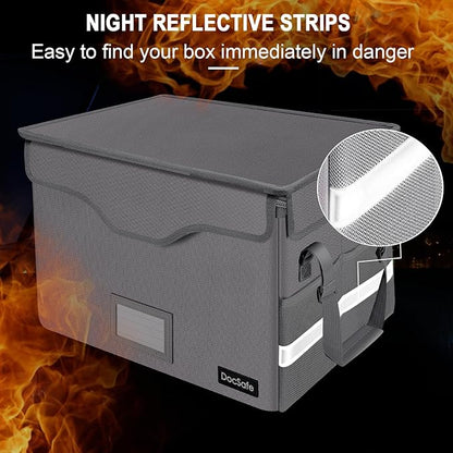 DocSafe Fireproof Document Box with Lock,File Storage Organizer with Zipper Pockets,Collapsible Portable File Box Home Office Safe Filing Cabinet with Handle for Hanging Letter/Legal Folder,Silver
