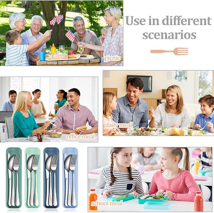 Yinkin 4 Pack Portable Travel Utensils Set with Case Reusable Stainless Steel Silverware Flatware Camping Cutlery Include Fork Spoon Knife for Work School Dishwasher Safe(Blue Color Series)