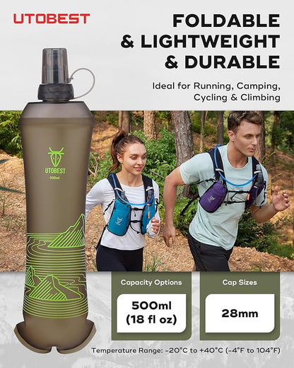 500ml Soft Flask, 2 Pack Flexible TPU Hydration Water Bottle, Collapsible with 28mm Caliber for Running, Hiking, Cycling, Climbing, and Marathon Green