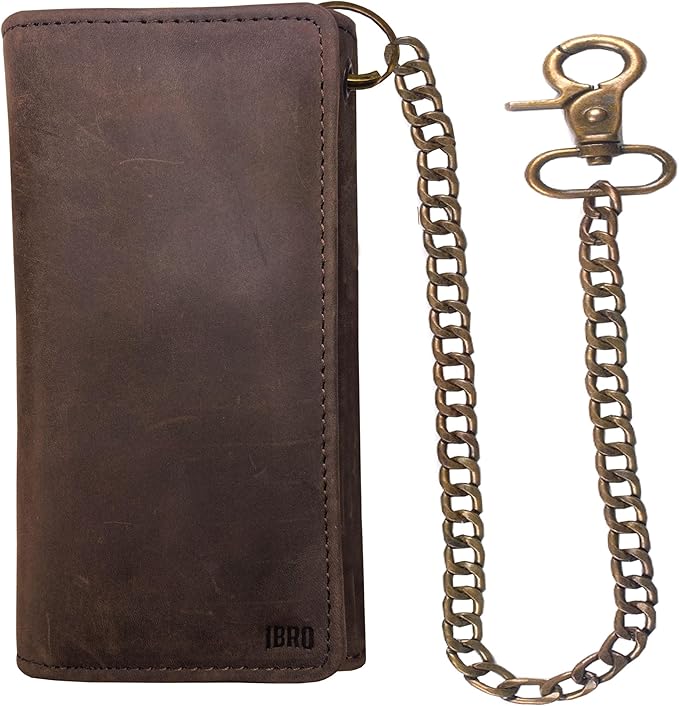 IBRO VINTAGE Motorcycle Chain Wallet for Men – Premium Cowhide Leather, RFID Tri-Fold Biker Wallet with Heavy Duty Chain for Bikers Truckers & Hunters, Credit Card Money Organizer Long Wallet