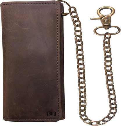 IBRO VINTAGE Motorcycle Chain Wallet for Men – Premium Cowhide Leather, RFID Tri-Fold Biker Wallet with Heavy Duty Chain for Bikers Truckers & Hunters, Credit Card Money Organizer Long Wallet