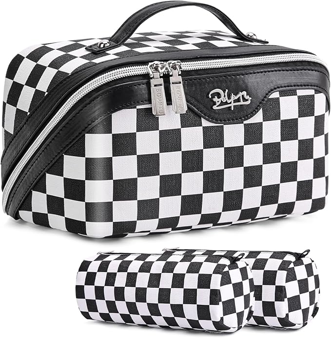 BOYATU Travel Makeup Bag Cosmetic Bags for Women: Large Make up Bags Set of 3 - Portable Makeup Organizer with Compartments&Handle&Divider - Waterproof PU Leather Toiletry Bag(A-5-Checkered Mix Black)