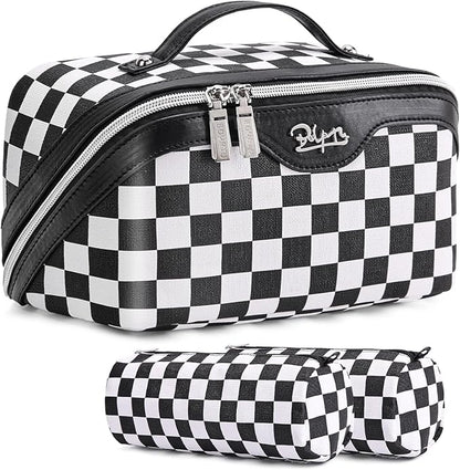 BOYATU Travel Makeup Bag Cosmetic Bags for Women: Large Make up Bags Set of 3 - Portable Makeup Organizer with Compartments&Handle&Divider - Waterproof PU Leather Toiletry Bag(A-5-Checkered Mix Black)