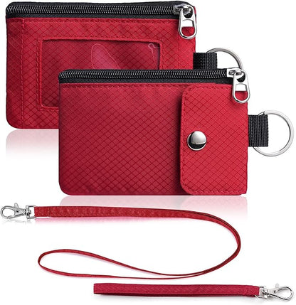 Minimalist Wallet For Mens Womens, Keychain RFID Blocking Zipper Small Wallet with ID Window 2 Lanyards,Water Resistant Travel Cash Card Coin Case Boys Girls