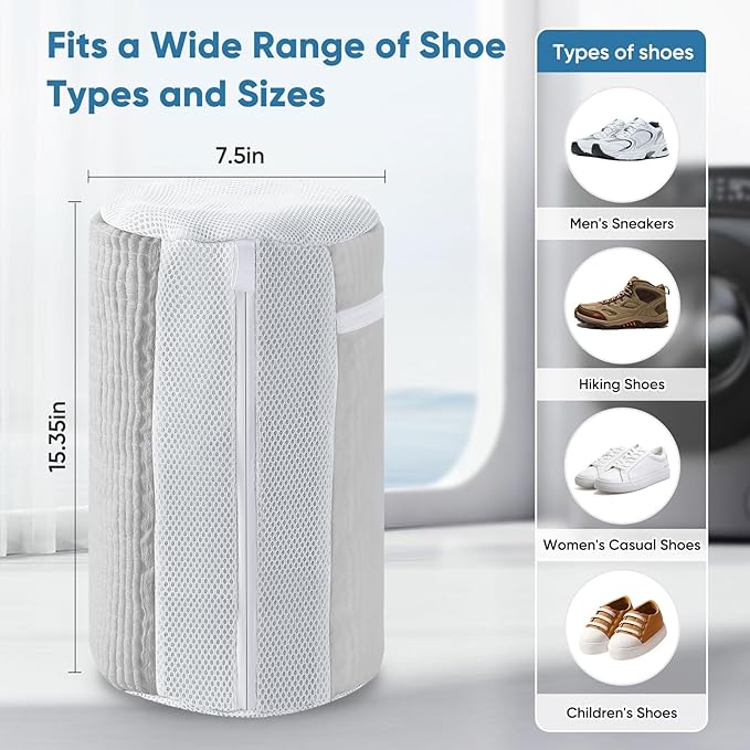 Shoe Washer Machine Bag 2Pack - Reusable Shoe Laundry Bag with Mesh Socks Washing Bag - 360°Deep Protective Cleaning Bags for Sneakers Delicate Footwear - Home Dorm Travel Essentials, Grey