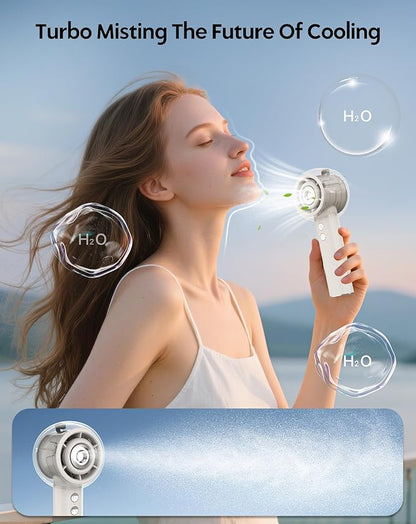 Portable Misting Fan, Handheld Turbo Fan with Mist, 6000mAh Battery Personal Fans Mister 4-Speed, 25ml Water Spray Tank, Gifts for Women Men Home Office Travel Outdoor Camping